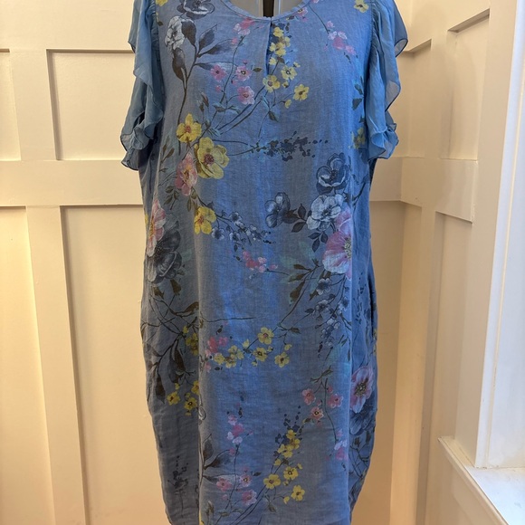 Italian Linen Floral Blue Dress Size Large - Picture 3 of 8